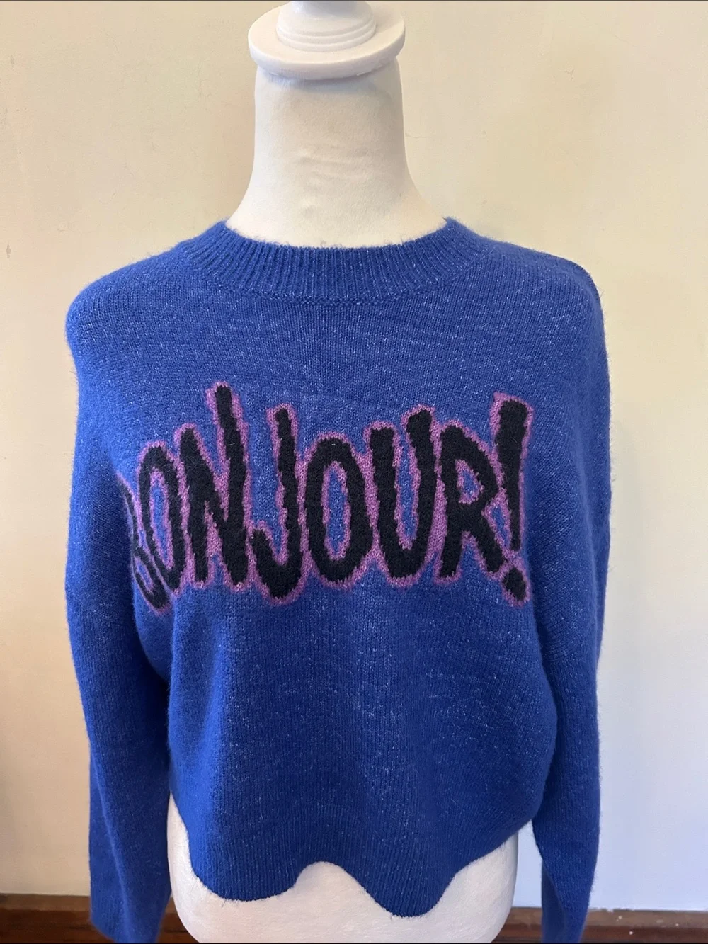 GB Blue Bonjour Graphic Crewneck Sweater Size S EUC